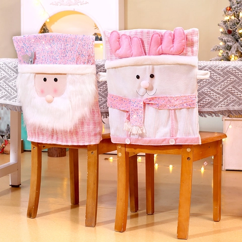 Housses De Dossier De Chaise Noël Rose Paillettes Père Noël Bonhomme De Neige Renne Peluche Carreaux Décor