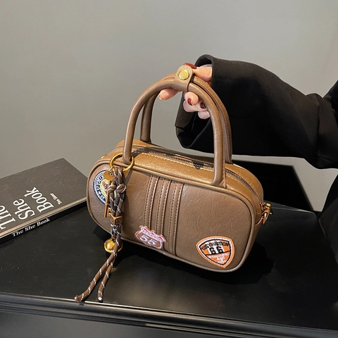 Retro PU Leather Handbag Women Embroidered Badges Bowling Bag Tassel Crossbody Shoulder Purse Streetwear