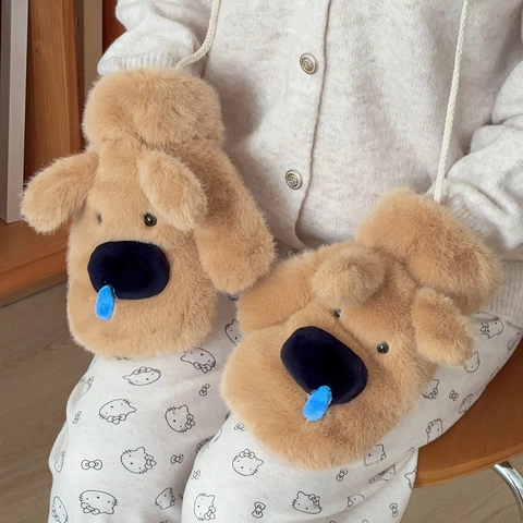 Lindos Guantes De Peluche De Perro De Dibujos Animados Invierno Cálido Mitones De Piel Sintética Con Cuerda Para El Cuello Mujer