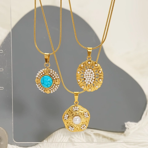 Collana Con Pendente Turchese Perla Artificial Acciaio Inossidabile 304 Placcato Oro 18K Catena Serpente Gioielli Vintage