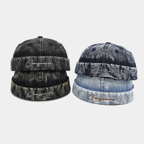 Cappello Docker Senza Tesa Denim Lavato Miki Cap Retrò Cotone Ricamato Conqueror Regolabile Streetwear Unisex