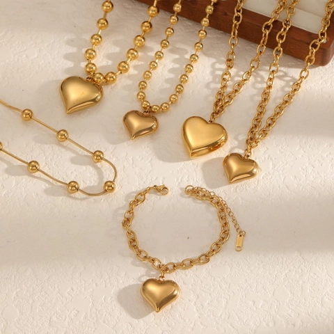 Heart Pendant Necklace And Bracelet Jewelry For Women 18K Gold Plated Stainless Steel Exaggerated Ball Chain Ins Style