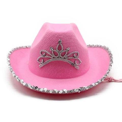 Chapeau De Cowboy Rose Western Feutre Polyester Avec Paillettes Argentées Et Couronne Pour Femmes Fête Festival Cordon