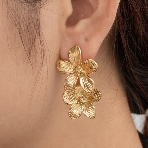 Boucles D'oreilles En Acier Inoxydable Plaqué Or Vintage Pour Femmes Style Français Luxe Fleur Géométrique Texture
