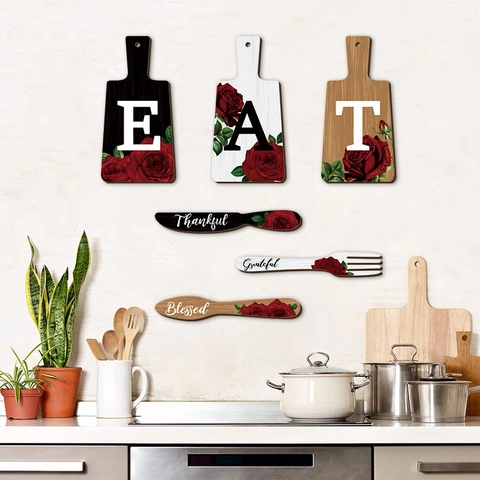 Wooden Kitchen Wall Decor EAT Letters Cutting Board Sign And Knife Fork Spoon Shapes With Rose Farmhouse Rustic