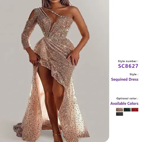 Damen Elegant Pailletten Ein Schulter Abendkleid Sexy Hoher Schlitz Tiefer V Ausschnitt Slim Fit Maxi Party Kleid Für Hochzeit Bankett