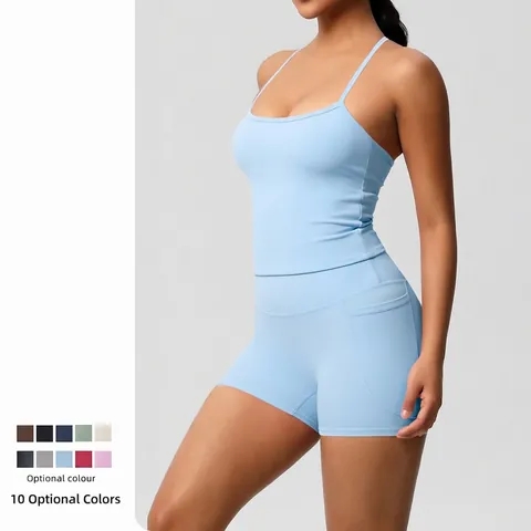 Women Yoga Fitness Nylon Spandex Camisole Top And High Waist Shorts With Side Pockets Quick Dry Sports Apparel