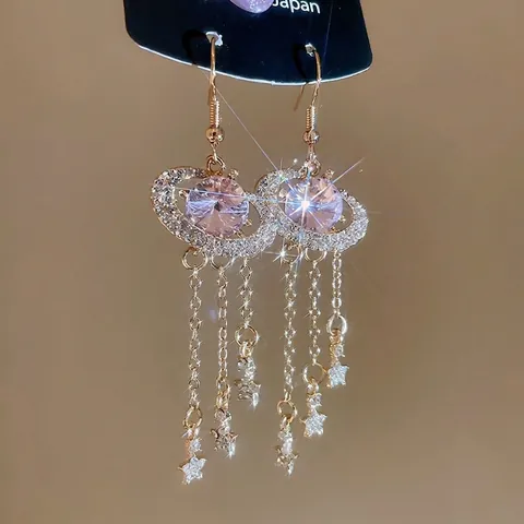Pendientes De Borla De Planeta Con Poste De Plata Estrás Rosa Colgante De Estrella Estilo Palacio Para Mujeres