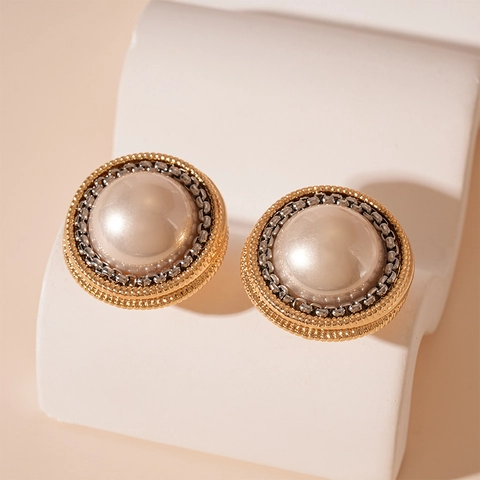 Pendientes De Botón Redondos Con Imitación De Perla Artificial Y Poste De Plata Retro Francés Dos Tonos Textura De Cadena Joyas
