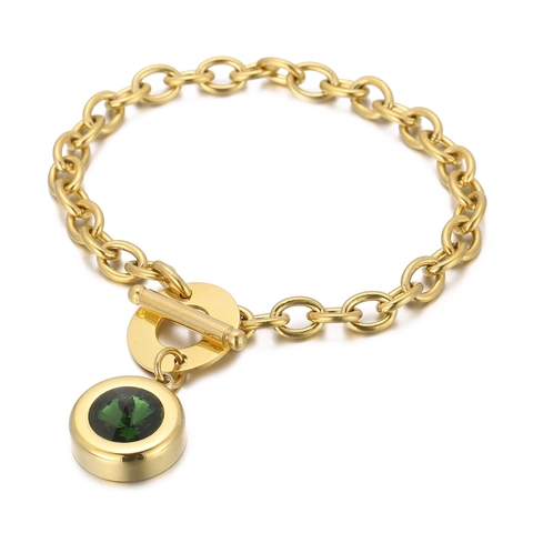 Fashion Women Stainless Steel Bracelet Round Gemstone Pendant Toggle Clasp O Chain Ins Style Elegant Jewelry
