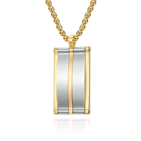Men Stainless Steel Pendant Necklace Rectangular Two-Tone Brushed Industrial Style Minimalist Jewelry