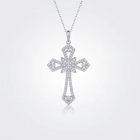 925 Sterling Silver Moissanite Cross Pendant Necklace For Women Elegant Hollow Floral Design Fashion Jewelry Clavicle Chain Gift