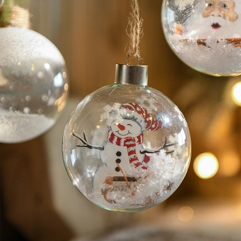 Clear Glass Christmas Ball Ornaments With Hemp Rope Snowflakes Snowman Patterns For Holiday Tree Decoration