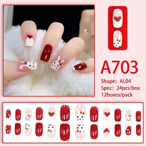 Press On Nails Red White 3D Rabbit Heart Decor Short Square Round Cute Festive Glossy Artificial Fingernails
