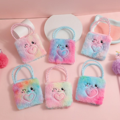Sac Bandoulière En Peluche Pour Enfants Broderie Chat Lapin Nœud À Paillettes Petit Sac À Main Filles