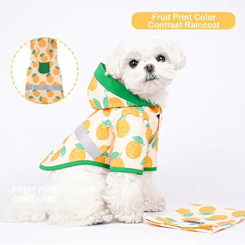 Dog Raincoat Waterproof Hooded Reflective Strip Fruit Print Pattern Lightweight Quick Drying For Small Medium Dogs With Bag
