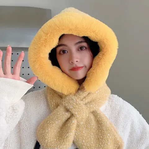 Cappello Sciarpa Con Cappuccio Integrato Inverno Peluche Spesso Caldo Antivento Pois Dolce Per Donna