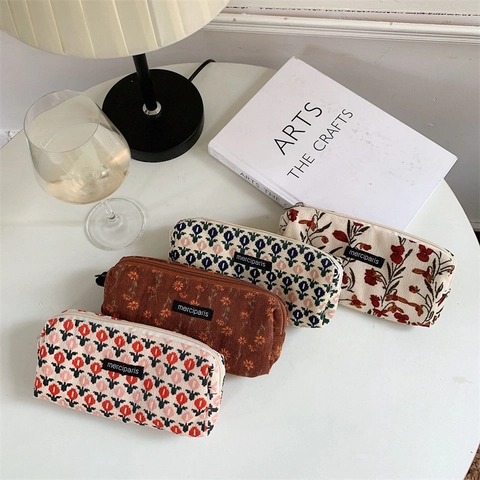 Retro Corduroy Pencil Case Floral Checkered Canvas Large Capacity Makeup Storage Bag Zipper Stationery Organizer Students