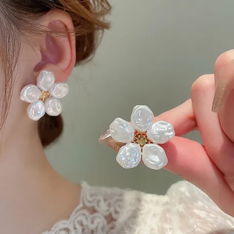 Pendientes Flor Perlas Barrocas Artificiales Con Postes De Plata 925 Joyería Floral De Aleación Para Mujer