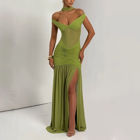 Abito Maxi Sexy Senza Spalline Mesh Arricciato Spacco Alto Schiena Scoperta Elegante Da Sera Donna Con Choker Abbinato