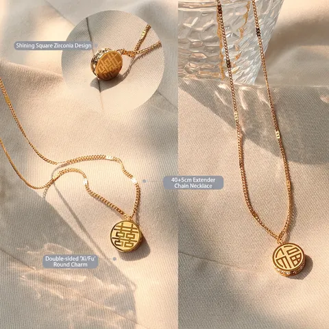 Chinese Style Double Sided Round Pendant Necklace Titanium Steel 18K Gold Plated Zircon Xi Fu Fortune Jewelry For Women