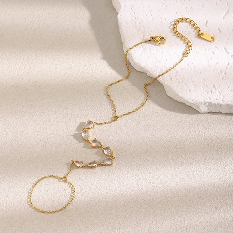 18K Gold Plated Stainless Steel Hand Chain Finger Bracelet With Clear Drop Shape Zircon Chic Jewelry For Women