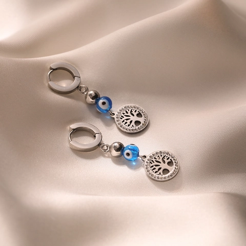 Lebensbaum Evil Eye Hoop Drop Ohrringe Titanstahl Zirkon Personalisiert Retro Böhmisch Schmuck Frauen