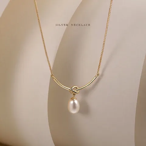 925 Sterling Silver Knot Freshwater Pearl Necklace For Women Elegant Minimalist Smile Pendant Clavicle Chain Jewelry Gift