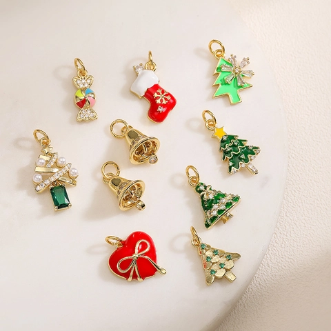 Copper Christmas Pendants Enamel Zircon Rhinestone Artificial Pearl Charms For Jewelry Making Sweet Cute Tree Bell Stocking Candy Heart
