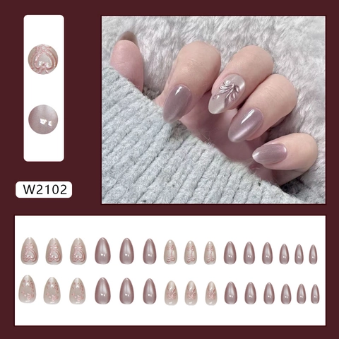 Uñas Postizas Press On Ojo De Gato Lazo 3D Corazón Forma Almendra Manicura Desmontable Para Mujeres Elegante