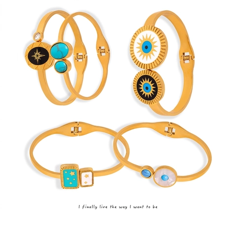 Brazalete Mal De Ojo Bohemio Acero Inoxidable Madreperla Turquesa Esmaltada Joyería Para Mujer