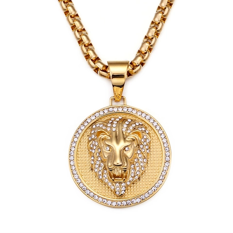 Collier Pendentif Tête De Lion En Acier Inoxydable Plaqué Or Hip Hop Mode Hommes Style Animal