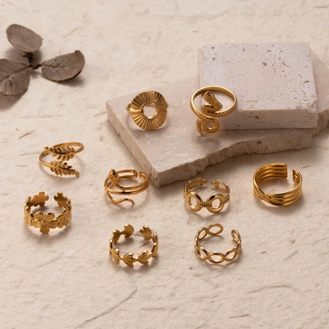 Adjustable Ring Stainless Steel Snake Leaf Flower Design Gold Plated Vintage Minimalist Bohemian Open Finger Jewelry