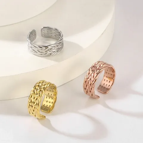 Anillo Abierto Trenzado Tejido Acero Inoxidable Chapado En Oro 18K Banda Ajustable Hueco Joyería Para Hombre Mujer
