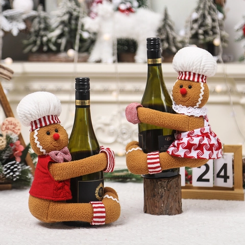 Housse De Bouteille De Vin Bonhomme De Pain D’épices Noël Peluche Tissu Tricot Décoration De Table Fête