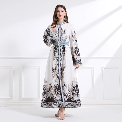 Elegante Maxi-Jurk Met Opstaande Kraag En Lange Mouwen Paisley Geprint Riem Kant Retro Paleisstijl Polyester