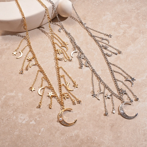Cadena De Cintura Estrella Luna Joyería De Cuerpo Metal Con Flecos Diamantes De Imitación Y Perla Artificial Estilo Bohemio Para Mujer