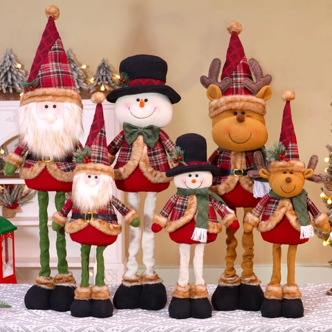 Kerstmis Staande Ornamenten Uitschuifbare Benen Kerstman Sneeuwpop Rendier Pluche Figuren Rood Geruit Huis Decoratie