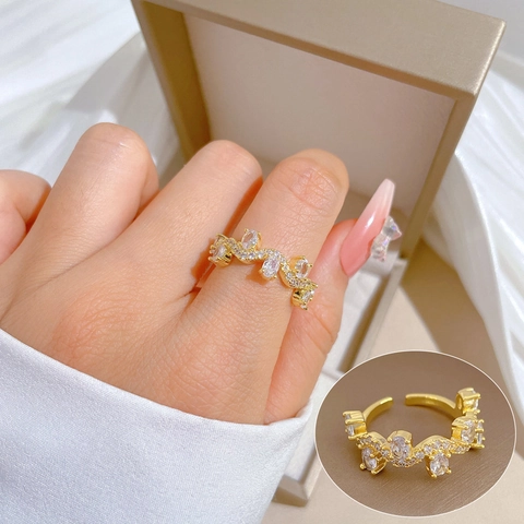Verstelbare Open Ring Voor Dames Elegant Messing Verguld Wit Zirkoon Tak Ontwerp Mode Sieraden