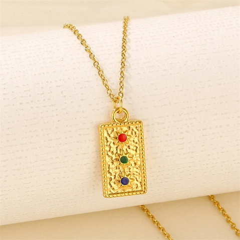 Hammered Rectangle Pendant Necklace Titanium Steel 18K Gold Plated Triple Star Colorful Rhinestones Vintage Jewelry For Women