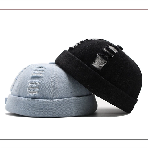 Bonnet Docker En Jean Rétro Casquette Sans Bord Déchirée Ajustable Streetwear Vintage Chapeau Miki Pour Hommes