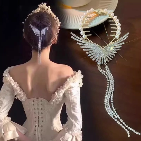 Fermaglio Per Capelli Ali D'angelo Lega Strass Nappa Lunga Perla Artificial Imitazione Elegante Supporto Coda Di Cavallo Accessori Festa