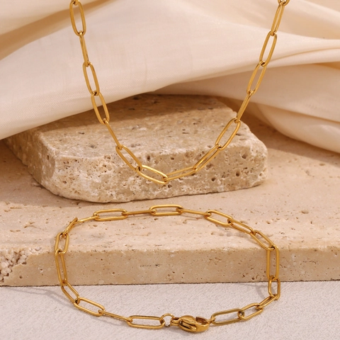 Minimalist Stainless Steel Gold Plated Paperclip Chain Necklace Bracelet Set For Women Fashion Daily Jewelry Accessory