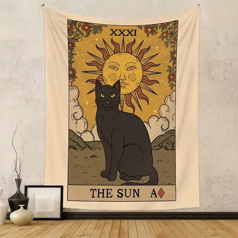 Katze Tarot Wandteppich Polyester Mystisch Böhmisch Retro Ästhetik Wandbehang Schlafzimmer Deko