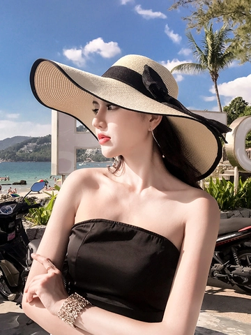 Women Large Brim Straw Sun Hat Foldable High UV Protection Beach Vacation Elegant Chic Bow Decor Adjustable Windproof Rope