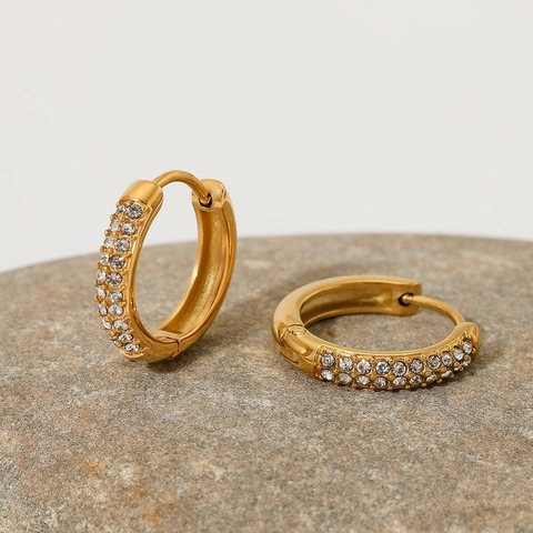 Stainless Steel Hoop Earrings With Micro Inlaid Rhinestones Retro Round Hinged Ear Clips For Women Elegant Jewelry
