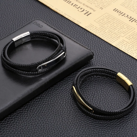 Pulsera De Cuero Trenzado Multicapa Hombre Acero De Titanio Placa Curva Cierre Magnético Punk Tendencia