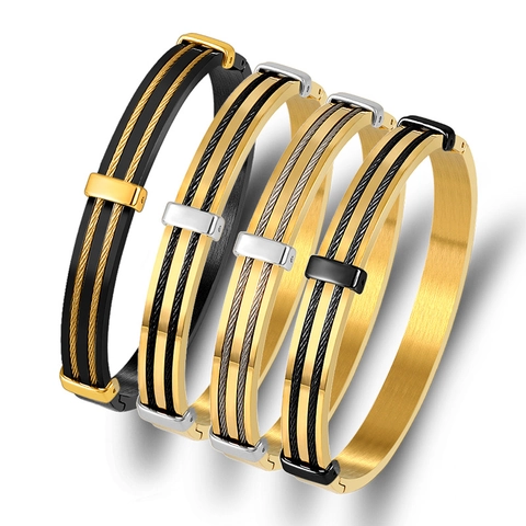 Stainless Steel Bangle Bracelet For Women With Steel Wire Rope Inlay Classic Buckle Cuff Fashion OL Jewelry Gift
