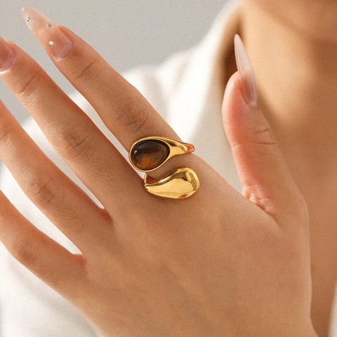 Teardrop Open Ring Stainless Steel Tiger Eye Stone Artificial Pearl Organic Line Adjustable High End Jewelry Women