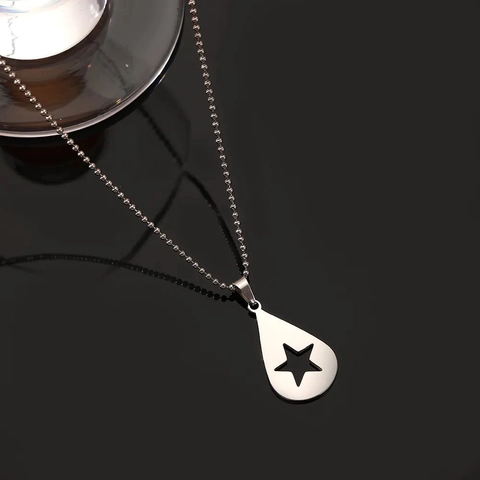 Stainless Steel Water Drop Pendant Necklace Hollow Pentagram Star Ball Chain Jewelry For Women Elegant Silver Tone